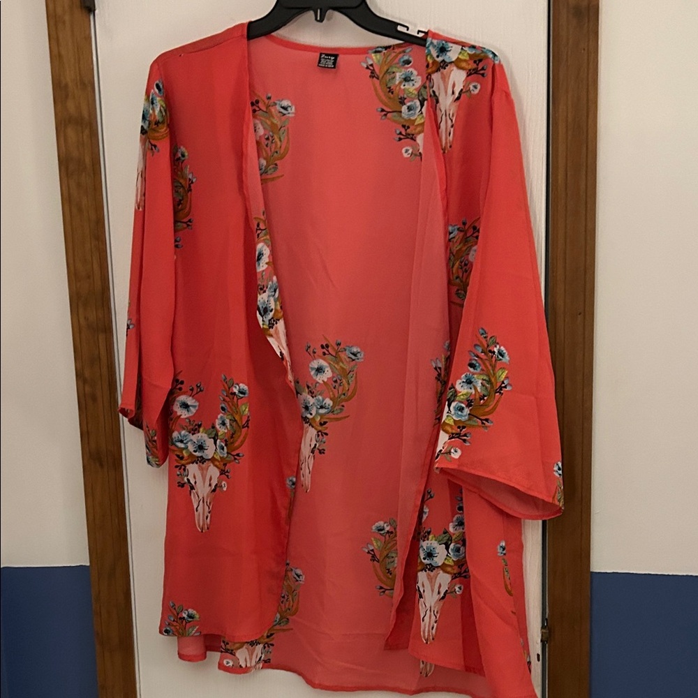 Zury Western Bull Skull Coral Floral Kimono